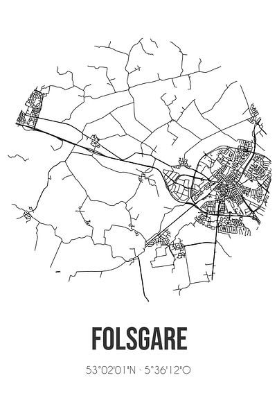 Folsgare (Fryslan) | Karte | Schwarz und Weiß von Ortsdrucke