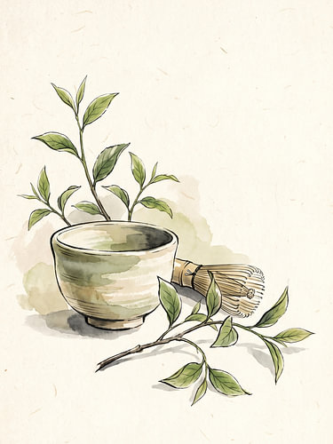 Japanese Matcha Still Life With Handcrafted Bowl, Bamboo Whisk, and Tea Leaves