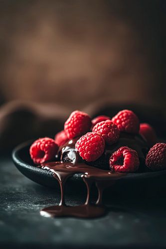 Sappige frambozen met chocoladesaus