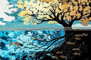 Goldener Baum mit Fischen unter Wasser