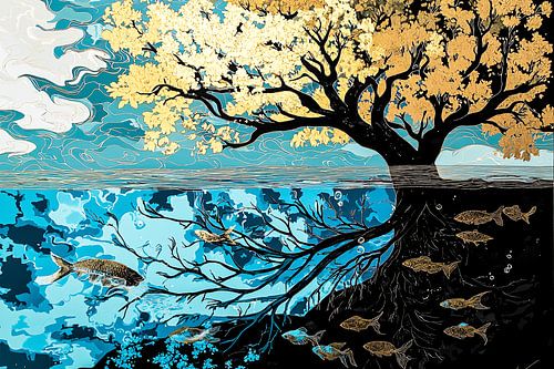 Golden tree with fish underwater by Art & Soul Creations