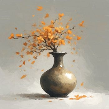 een minimalistisch aardewerk vaas met oranje bloem blaadjes.