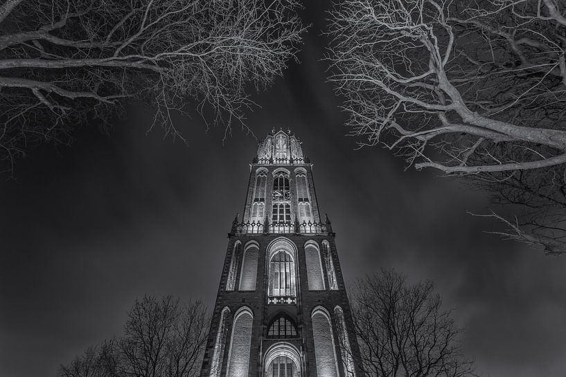 Tour Dom Utrecht depuis le Domplein le soir - noir et blanc - 1 par Tux Photography