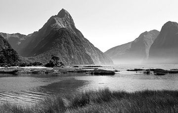 Black-and-white image of Mitre Peak and Milford Sound, New Zealand by Rini Kools
