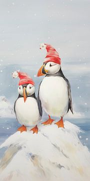 Two friendly puffins wearing festive hats by Whale & Sons