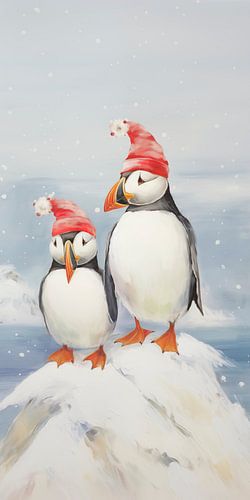 Two friendly puffins wearing festive hats