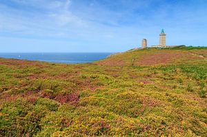 De bloeiende heide en vuurtoren bij Cap Frehel