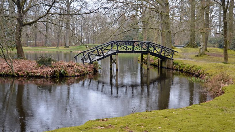 Holzbrücke über Wasser in einem herbstlichen, romantischen Stadtpark von Gert Bunt