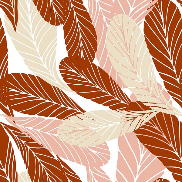 Botanische Kunst im Boho-Stil in Retro-Farben. Gebranntes Orange, Rosa und Weiß von Dina Dankers