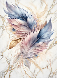 Plumes bleu pâle et rose sur un fond de marbre aux veines dorées sur Erik Iskandar