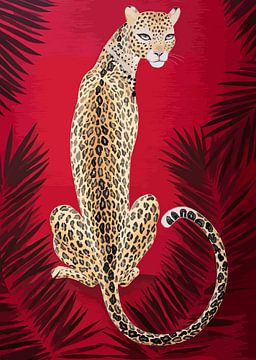 Trône royal du léopard au milieu des palmiers pourpres