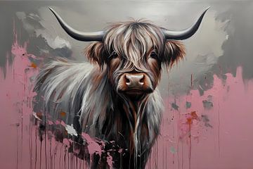 Vache des Highlands colorée dans un design moderne sur De Muurdecoratie