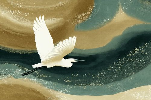 The White Heron over the Golden River | Where Wings and Water Become One