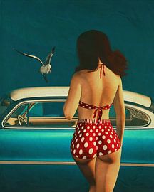 Retro stijl schilderij van een meisje en een klassieke auto