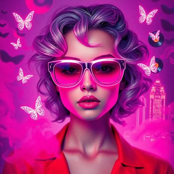 Métamorphose en violet - Femme avec lunettes modernes et papillons