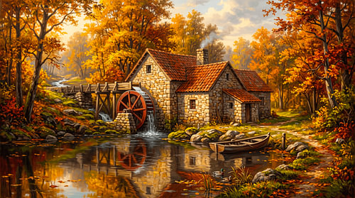 Rustieke stenen watermolen in een herfstbos met een vredige weerspiegeling in het meer