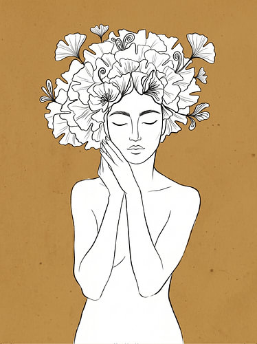 Modern portret met koraal en bloemen