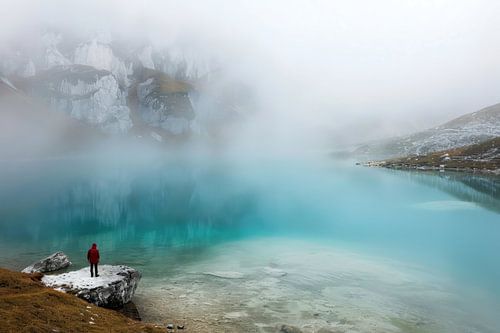 Wandelaar bij Turkoois Bergmeer - Fine Art van BowiScapes - Fine Art en Urban Wandkunst