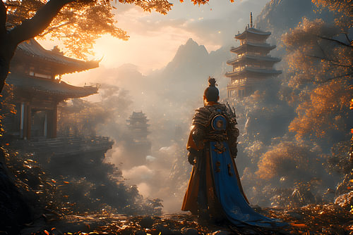 “A solitary ancient warrior stands on a glowing autumn mountainside, overlooking mist-covered imperial temples during a golden sunset, capturing a moment of silent purpose, honor, and reflection between destiny and tradition.”