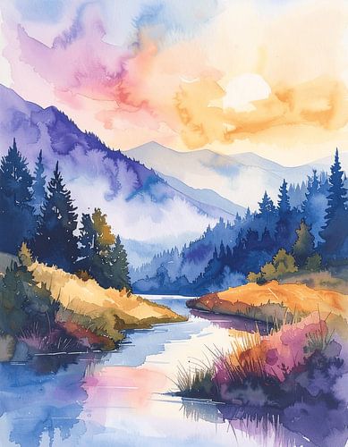 Pastell Berg Flusslandschaft Aquarell