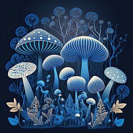 Blue mushrooms in night forest