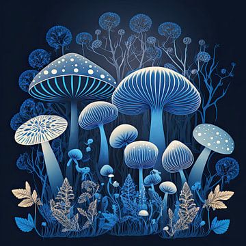 Blue mushrooms in night forest by Vlindertuin Art