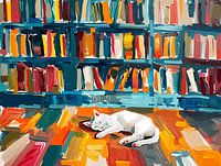 Witte kat rustend in bibliotheek
