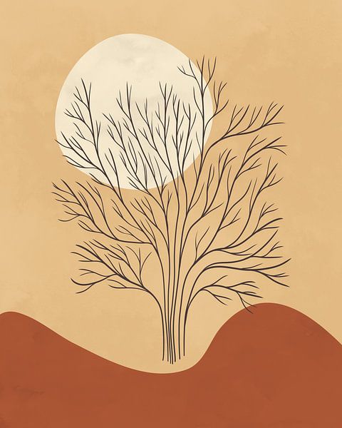 Minimalist autumn landscape with a tree