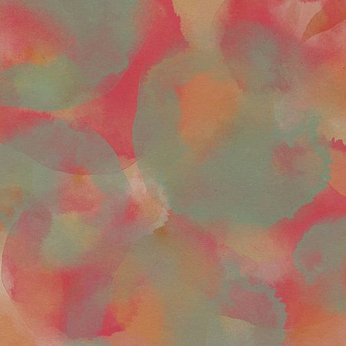 Abstracte aquarelvormen in mintgroen, neonroze en geel.