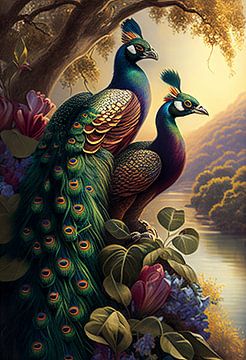 Sunset Perch: The Enchanted Peacock Vista van Celeste