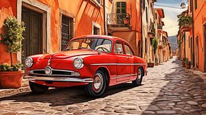 Roter alter Oldtimer in einer italienischen Straße, Kunst Desig