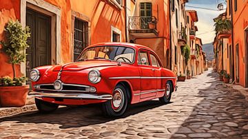 Roter alter Oldtimer in einer italienischen Straße, Kunst Desig von Animaflora PicsStock