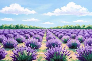 Uitgestrekt lavendelveld onder blauwe lucht van Art & Soul Creations