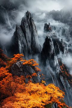 Herfstachtig rotslandschap met mist van Poster Art Shop