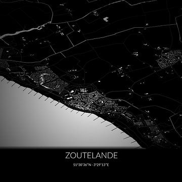 Zwart-witte landkaart van Zoutelande, Zeeland. van Rezona
