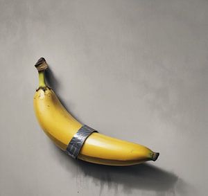 Banane mit Klebeband als komödiantisches Kunstwerk.