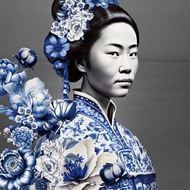 Japanische Frau in Delftware auf grauem Hintergrund, moderne Variante eines Geisha-Porträts von Mijke Konijn