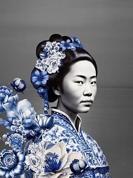 Japanse vrouw in Delfts blauw op Grijze achtergrond, moderne variatie op een Geisha portret van Mijke Konijn