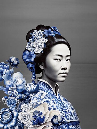 Japanse vrouw in Delfts blauw op Grijze achtergrond, moderne variatie op een Geisha portret