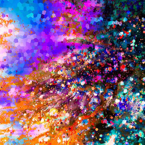 Modern, Abstract Digitaal Kunstwerk in Blauw Roze Oranje