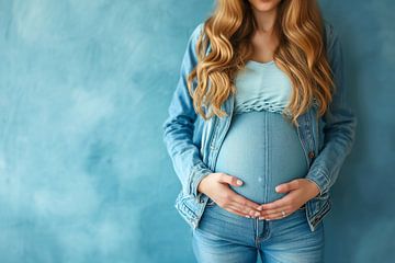 Jonge zwangere vrouw met buik op een blauwe muur van Animaflora PicsStock