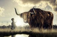 Een kleine jongen maakt kennis met een Schotse hooglander van Bert Hooijer thumbnail