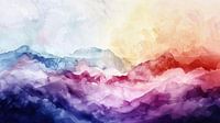 Lively and colourful abstract watercolour mountain landscape