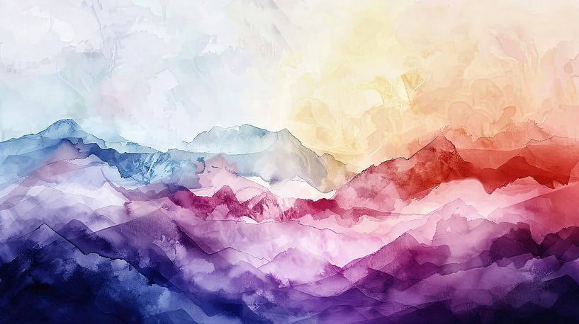 Lively and colourful abstract watercolour mountain landscape by Frank Heinz
