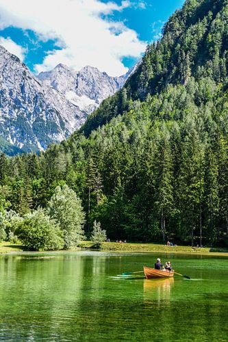 Een stel roeit op het Plansarsko meer, Jezersko, Slovenië