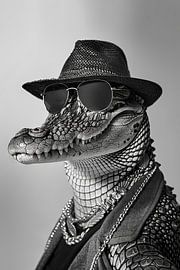 Stylised portrait of a crocodile with sunglasses and hat by Poster Art Shop
