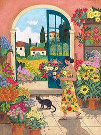Flower shop with a woman and a black cat in a Tuscan garden by Caroline Bonne Müller