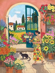 Fleuriste avec une femme et un chat noir dans un jardin toscan