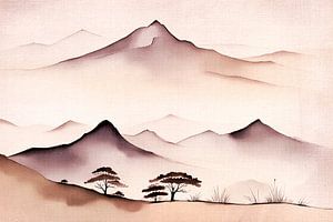 Abstrakt Moderne Japandi Gebirgslandschaft in Erdfarben