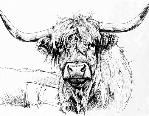 tekening in zwart wit van hooglander met robuuste kop